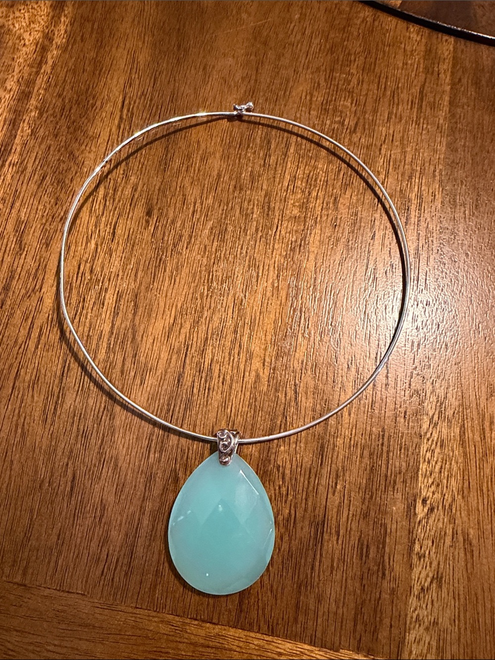 Silver Choker Necklace with Aqua Teardrop Pendant